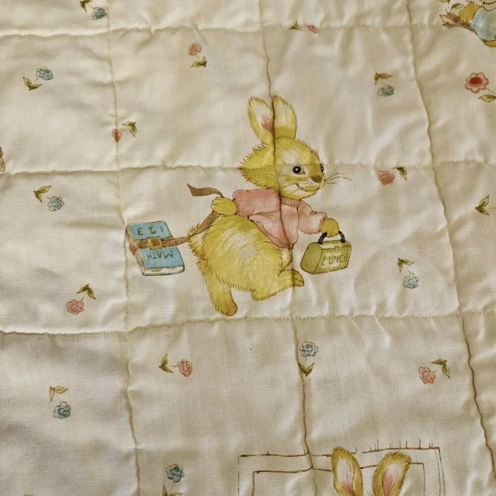 Vint Baby Quilt Blanket Bunny Rabbit Crib Nursery Pink Ruffle Reversible 54x41